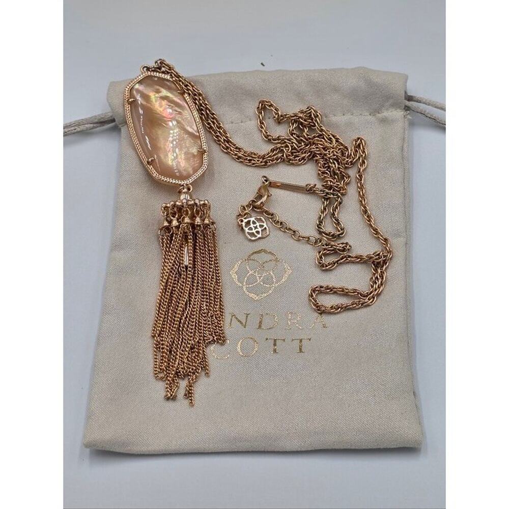 Kendra Scott Rayne Long Necklace Rose Gold Pink Mother of Pearl Tassel Statement
